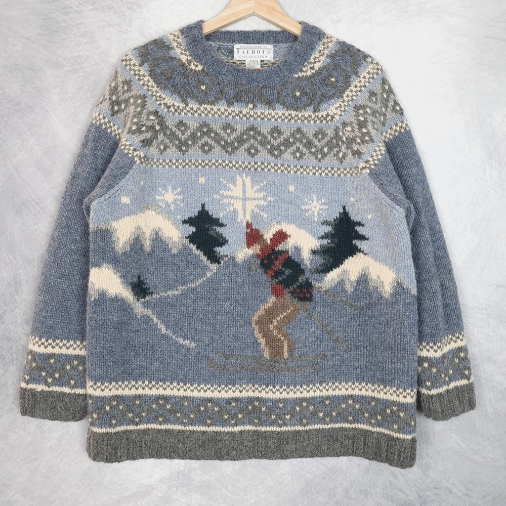 Vintage Talbots Sweater Womens Large Blue Fair Isle Skier Handknit Wool Alpaca